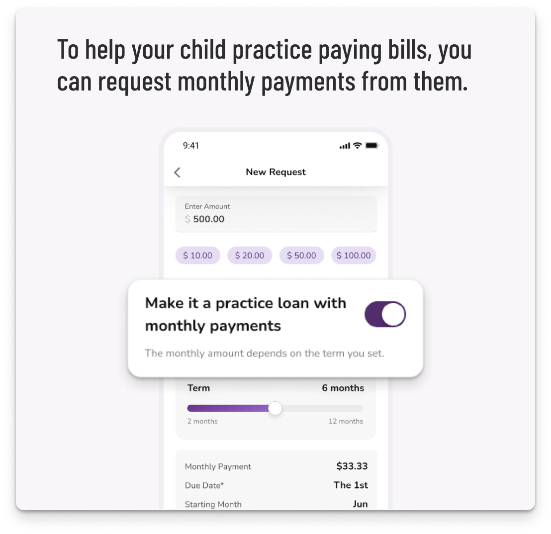 Youth Banking App practice loans parent screen