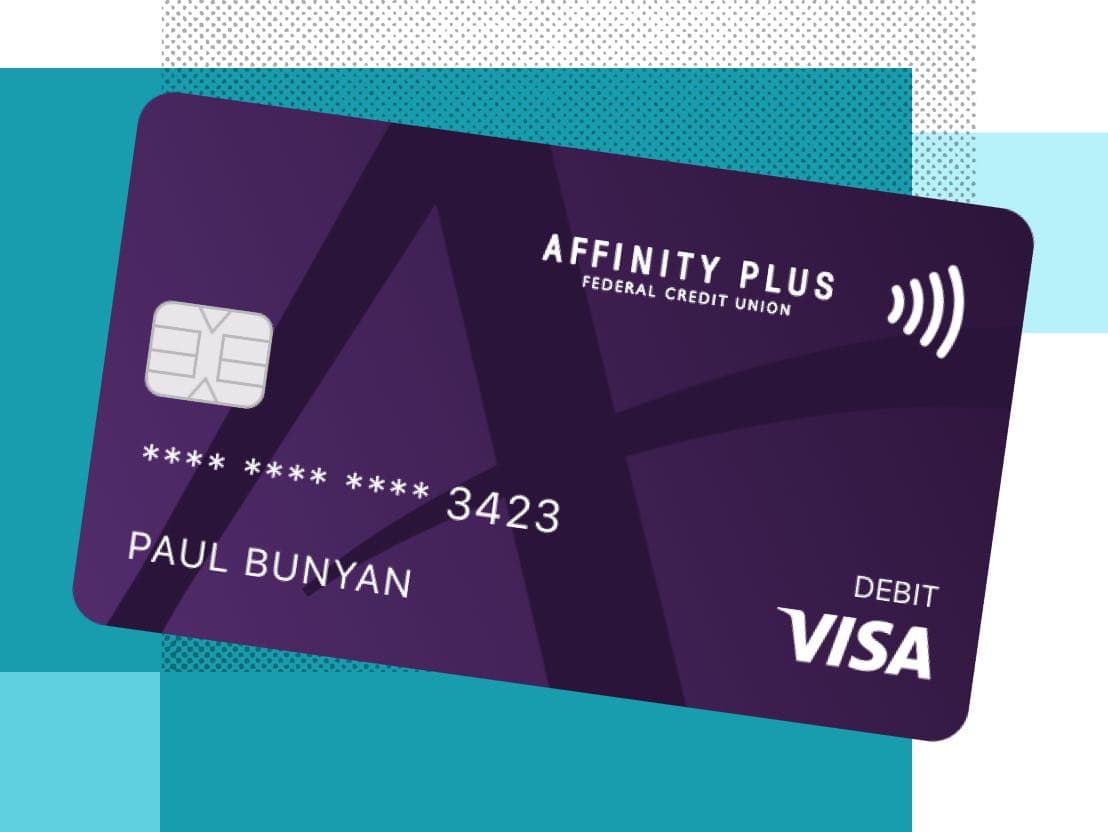 Purple Affinity Plus debit card on a teal background