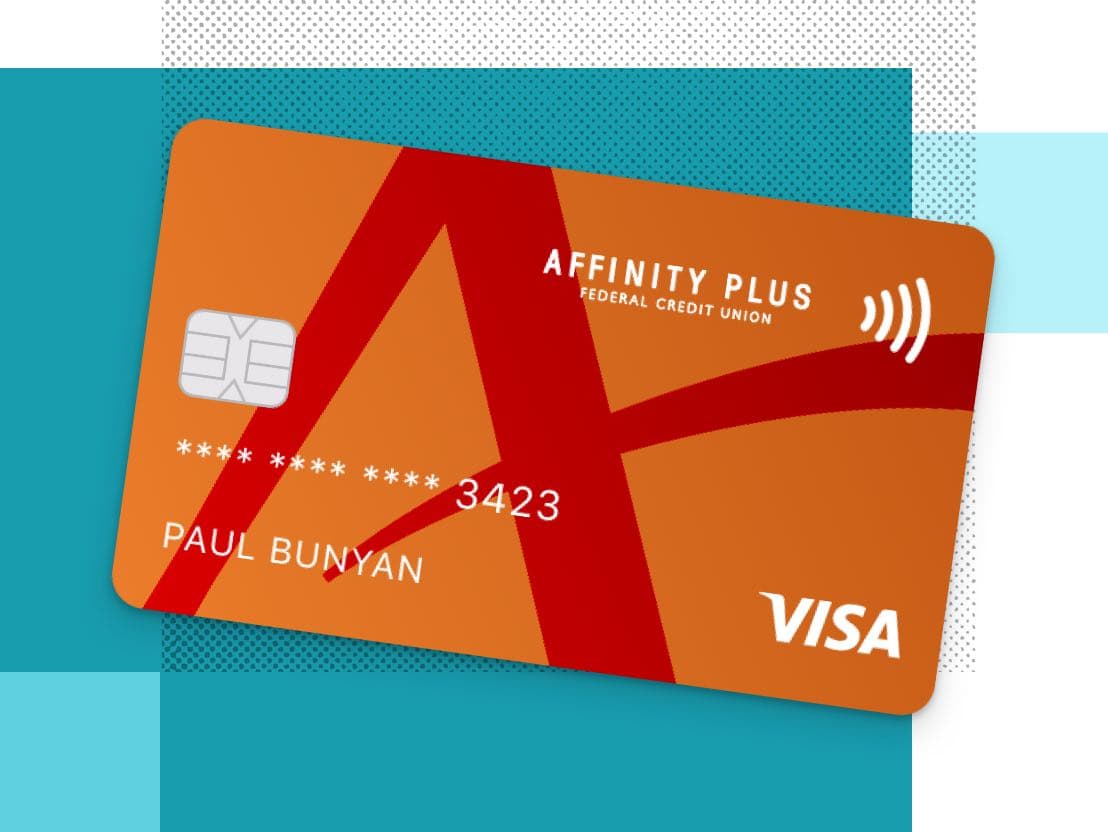Orange Affinity Plus credit card on a teal background
