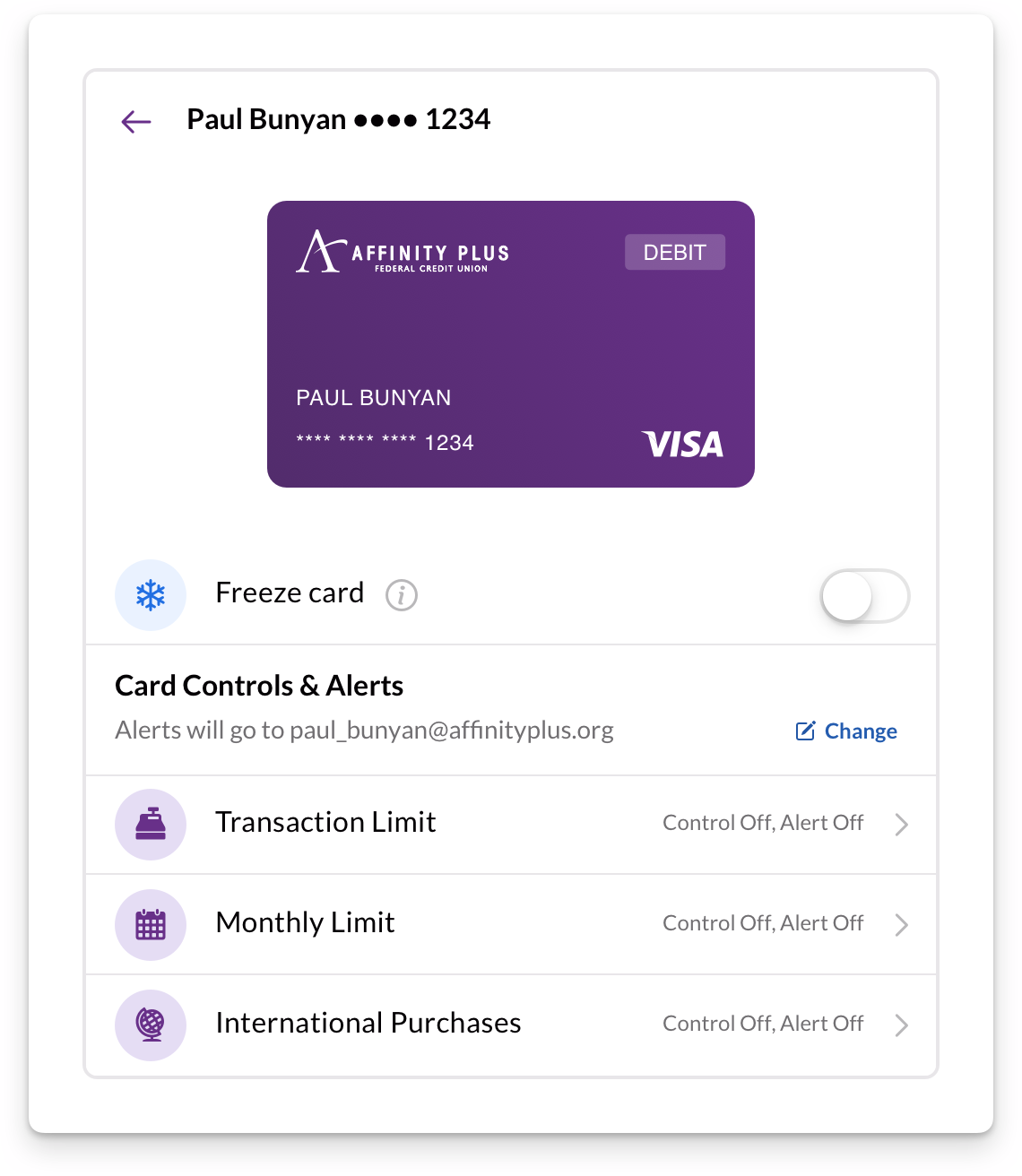 Card controls menu in Affinity Plus digital banking