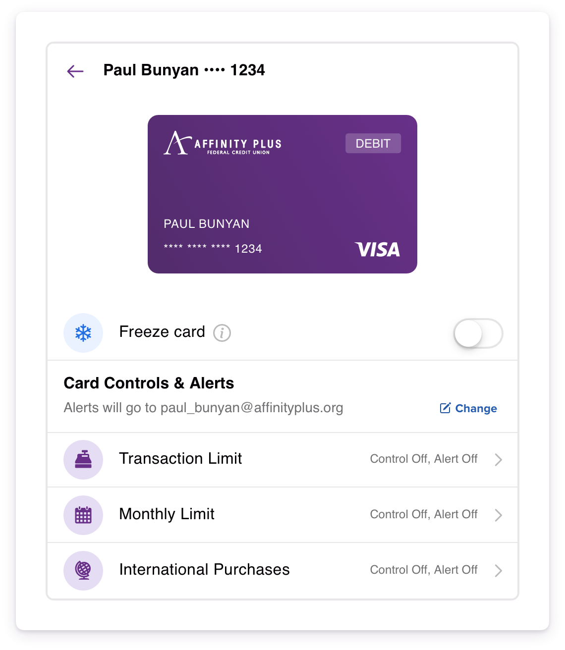 Card Controls & Alets menu, showing options for Freeze Card, Transaction Limit, Monthly Limit, and International Purchases