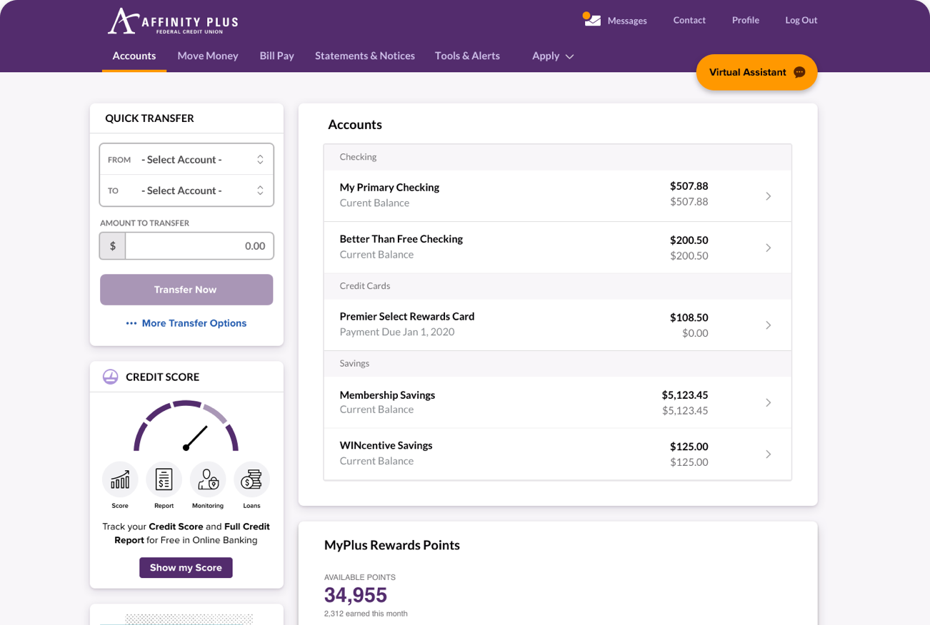 Affinity Plus Online Banking Accounts screen