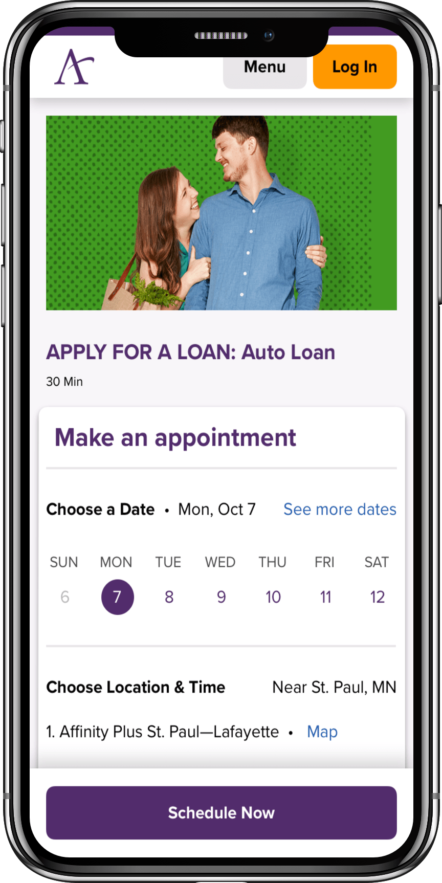 An iPhone with a window open to schedule an appointment with Affinity Plus