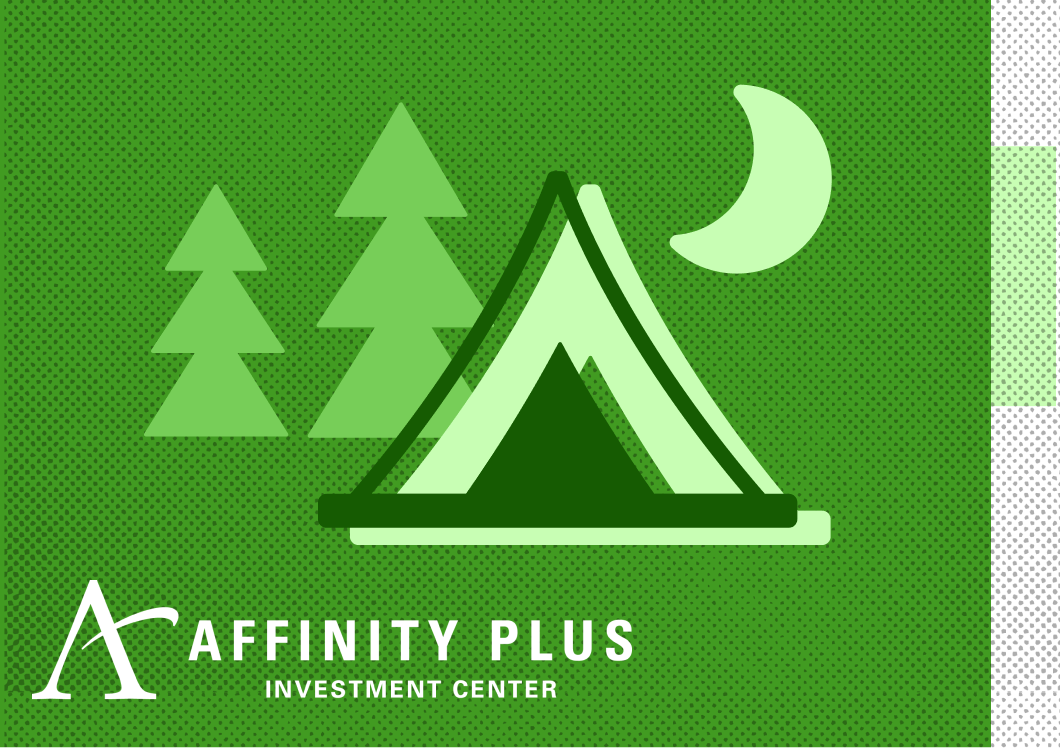 a tent, trees and moon on a green background