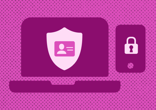 light pink icons of computer and mobile phone on a dark pink background