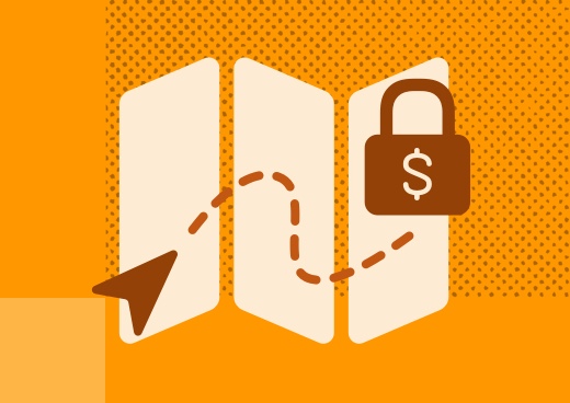 map illustration with dollar symbol and lock, on an orange background.
