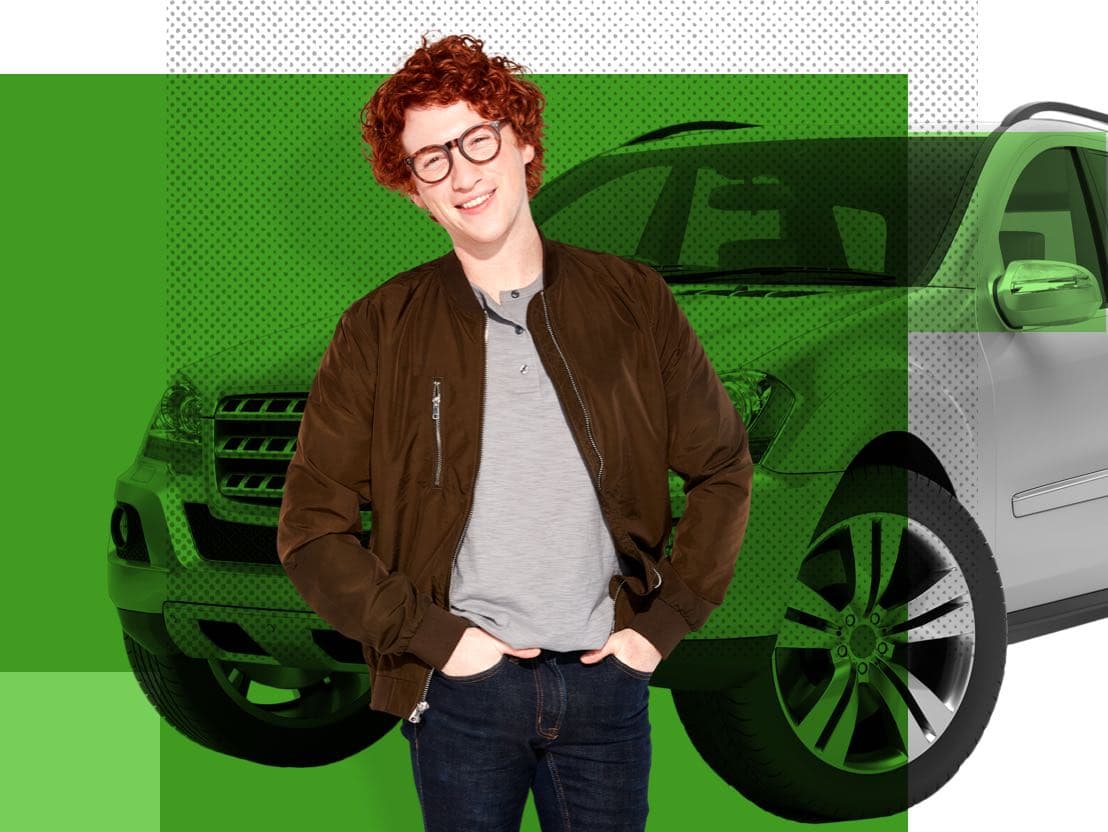 Josh, a Minnesota resident, in front of an SUV on a green background