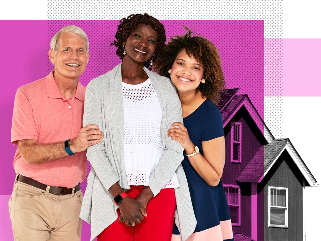 Smiling family of three Affinity Plus members, in front of a home, on a pink background.