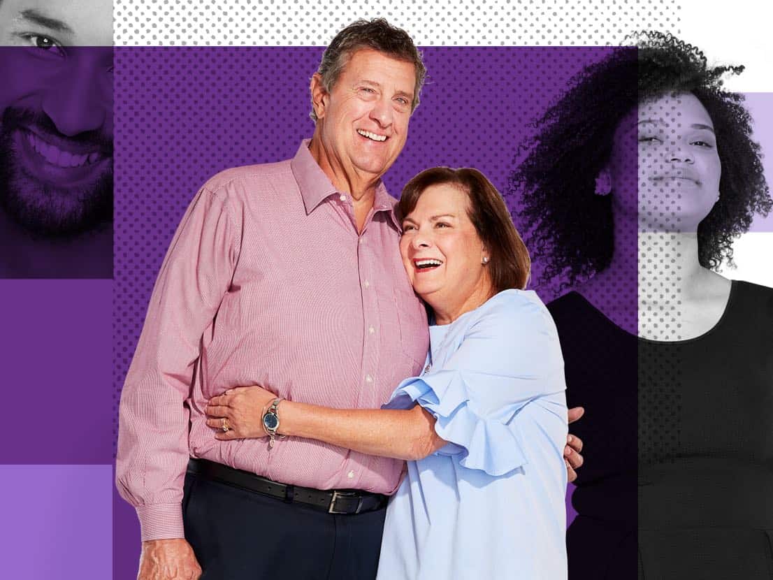 Maureen & John, Affinity Plus members, on a purple background