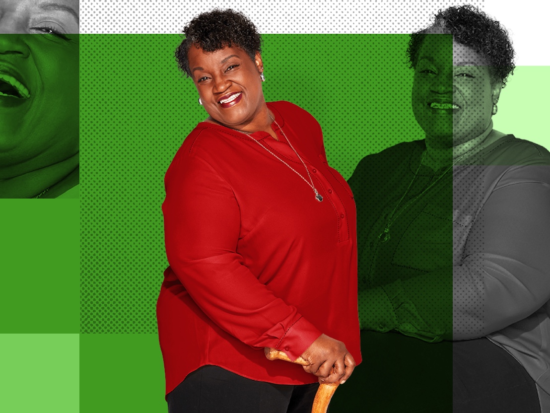 Lydia, an Affinity Plus employee, on a green background