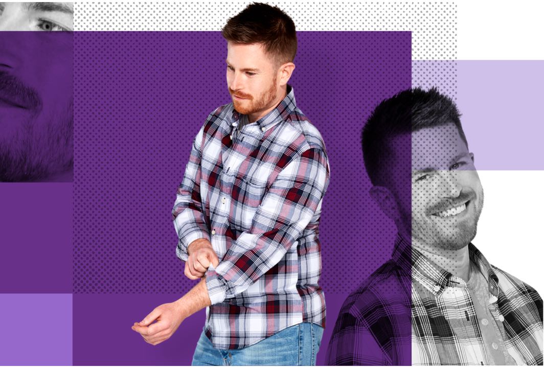 Smiling man in plaid shirt on purple background