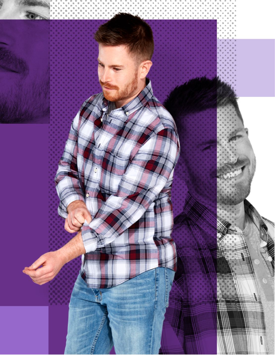A smiling man wearing a plaid shirt on a purple background.