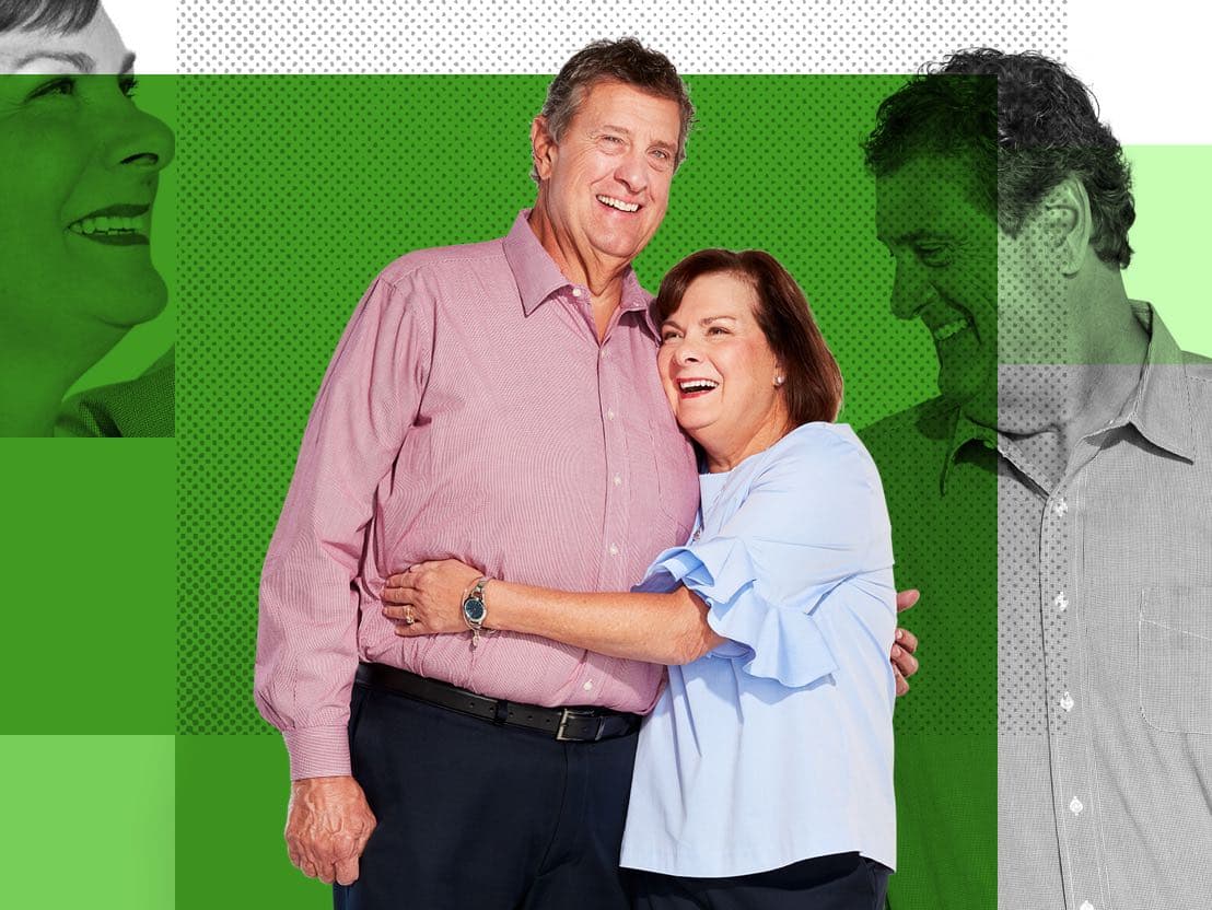 Maureen & John, Affinity Plus members, on a green background