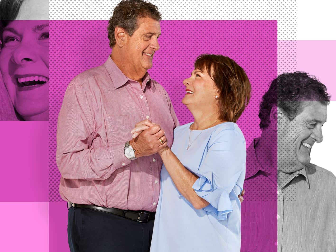 Maureen & John, Affinity Plus members, on a pink background