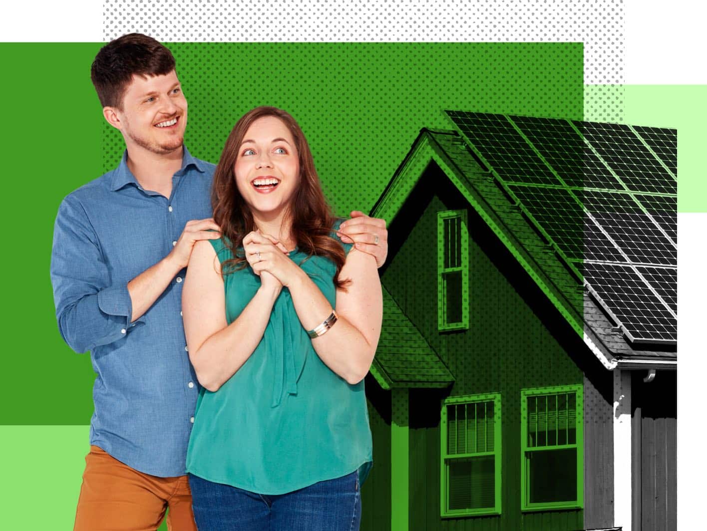 Megan & Andrew, Affinity Plus members, in front of a house with solar panels.