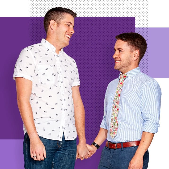 Aaron & Jake, Affinity Plus members, on a purple background