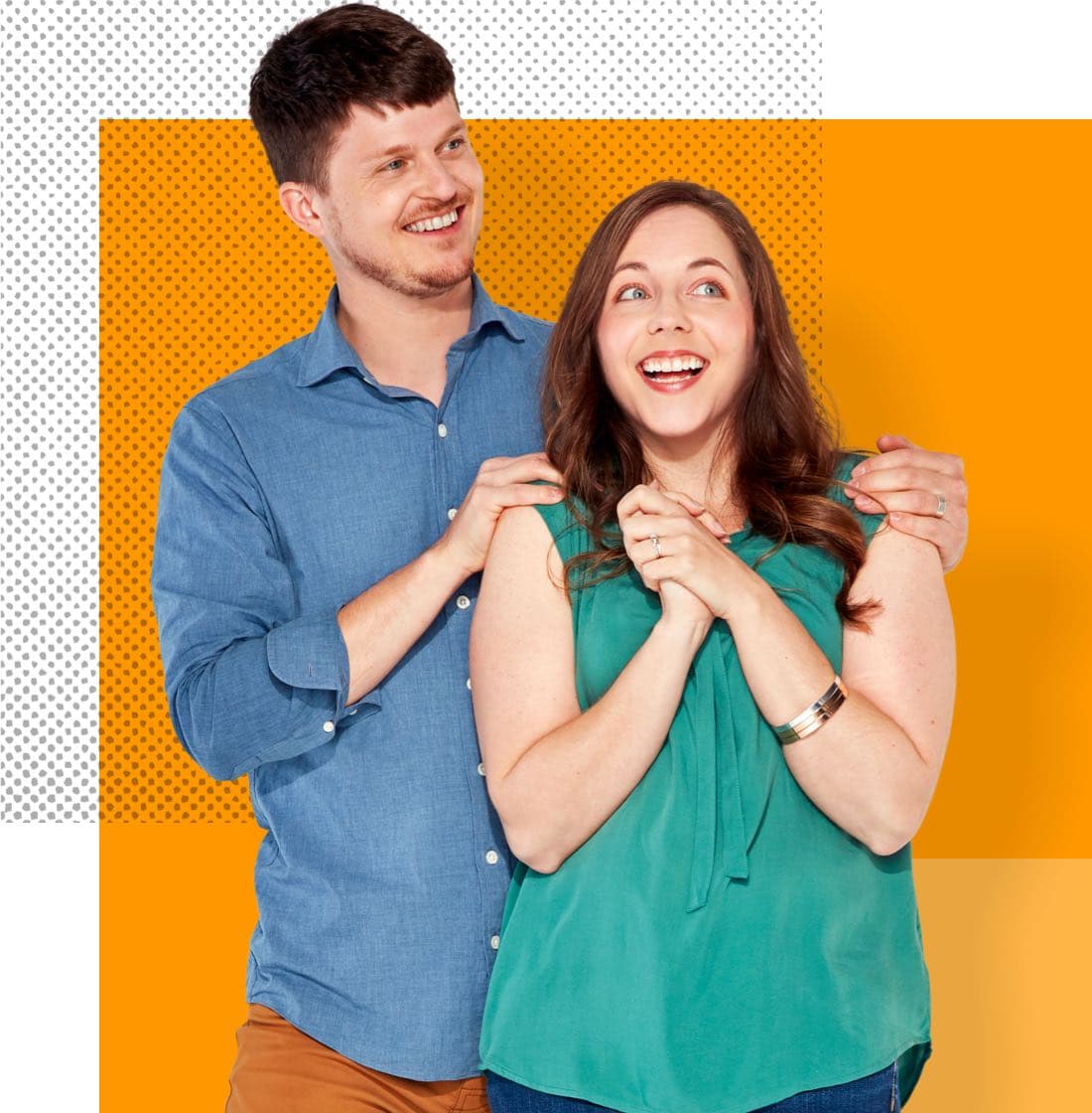 Megan & Andrew, Affinity Plus members, on an orange background