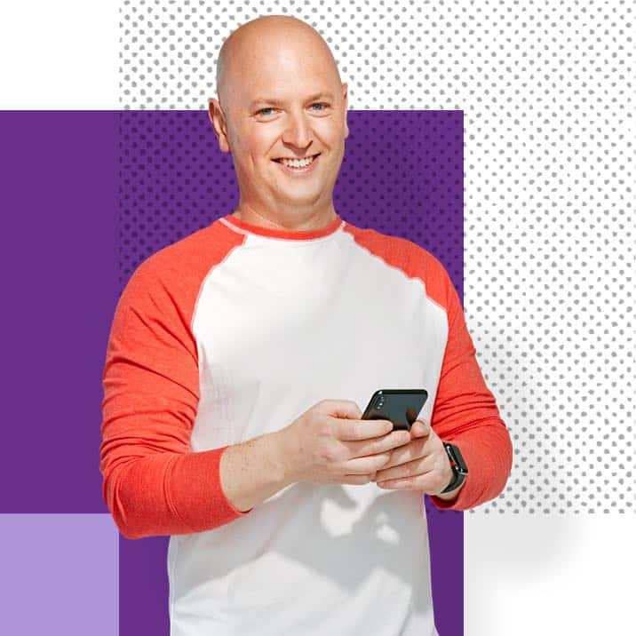 Josh, an Affinity Plus member, on a purple background.