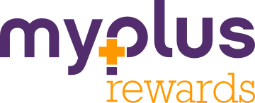Lowercase purple text reading "MyPlus" with a bright orange "plus" symbol inside the letter "P." Below that, lowercase orange text reading "Rewards"