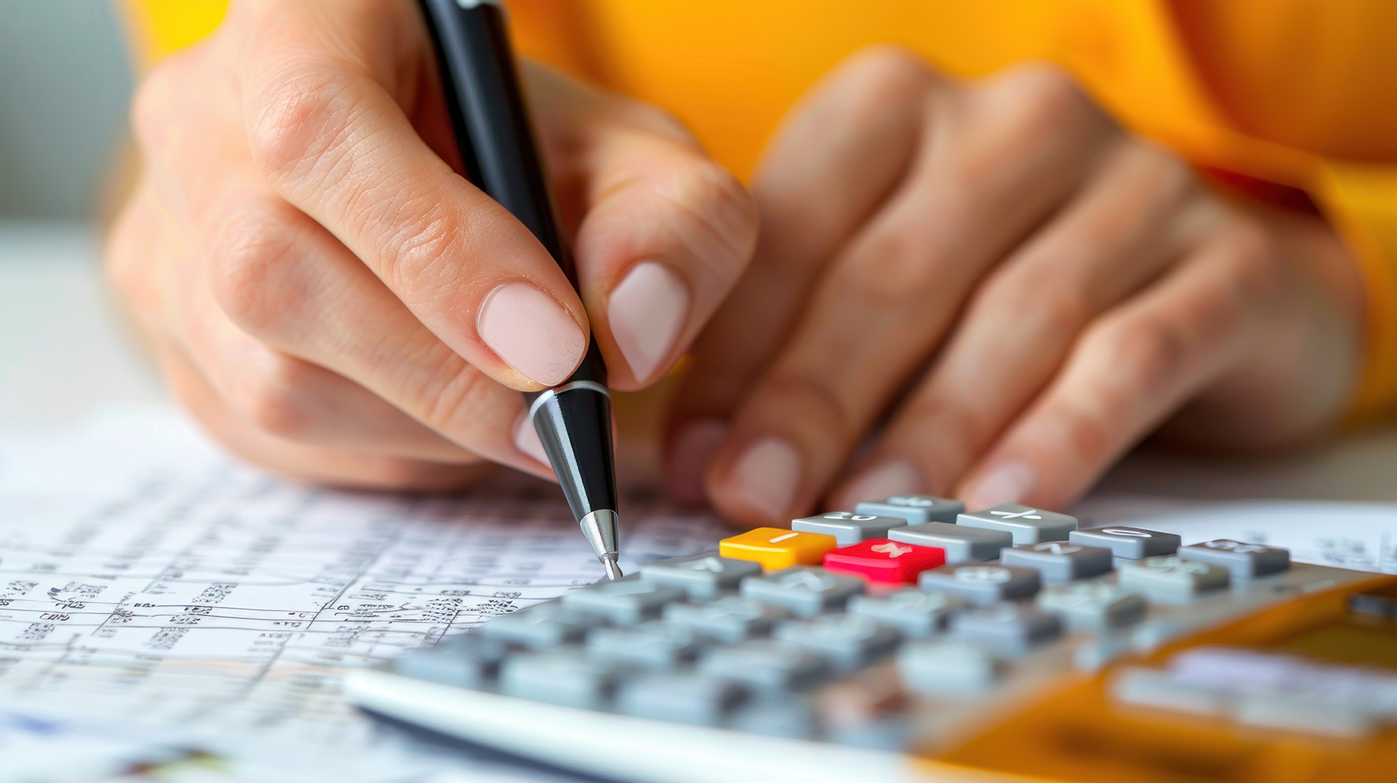 a person circling numbers with a calculator in front of them