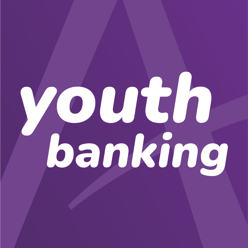 A purple background with an A overlayed with text youth banking