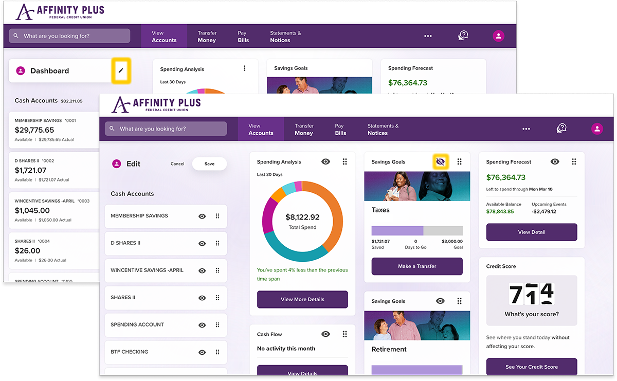 Screenshots of dashboard editing