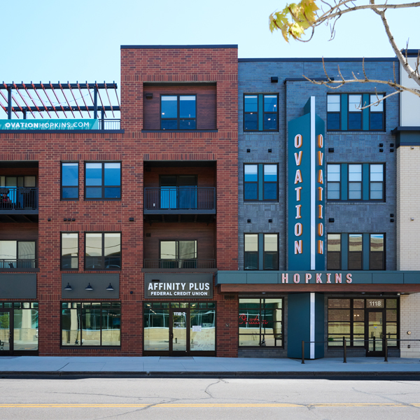 Exterior of Hopkins branch building and signage for Affinity Plus