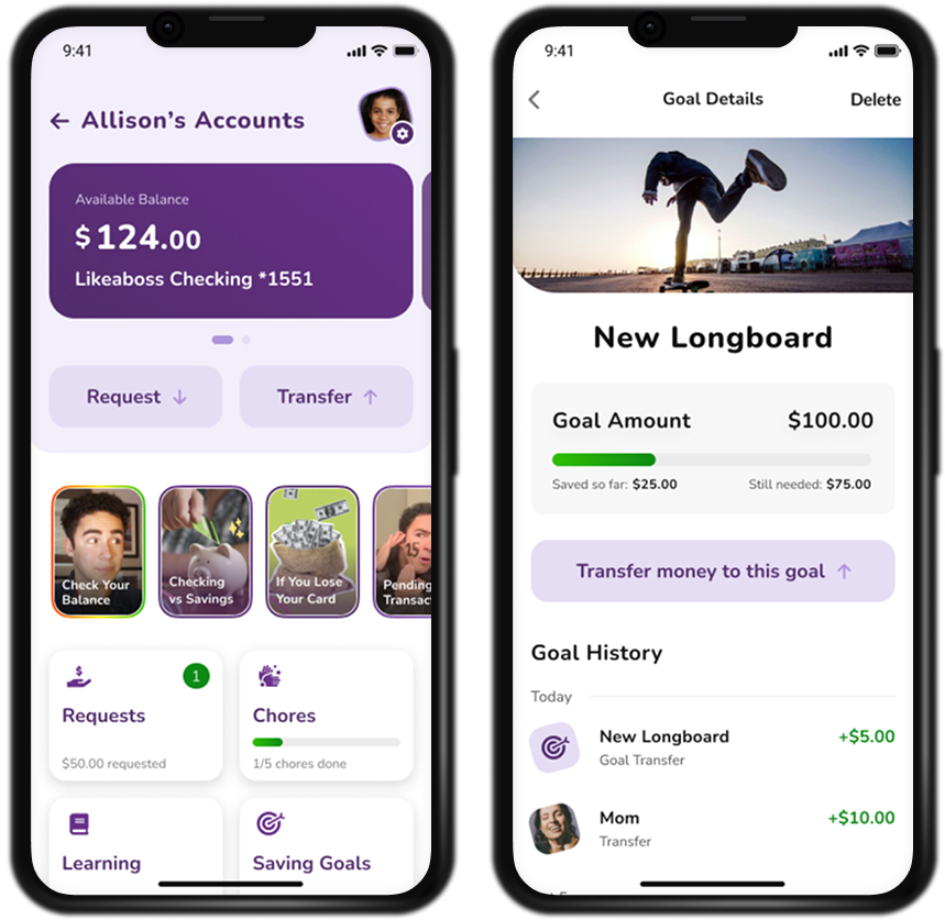 Dashboard screen and goals feature of the Youth Banking App