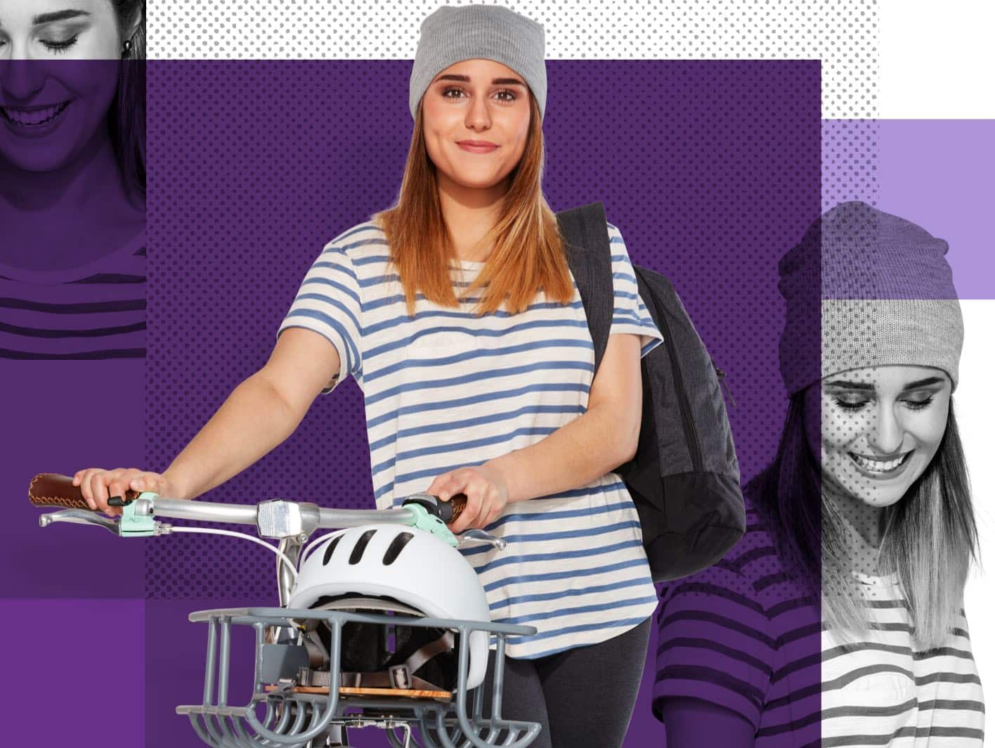 Smiling young woman with her hands on the handlebars of a bicycle, on a purple background