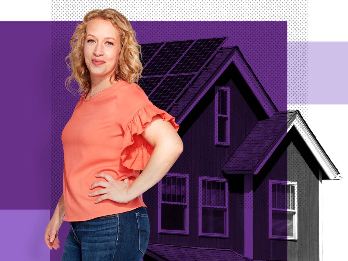 Kelly, an Affinity Plus member, in front of a home with solar panels.