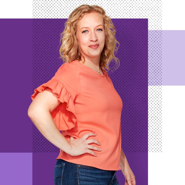 Kelly, an Affinity Plus member, on a purple background